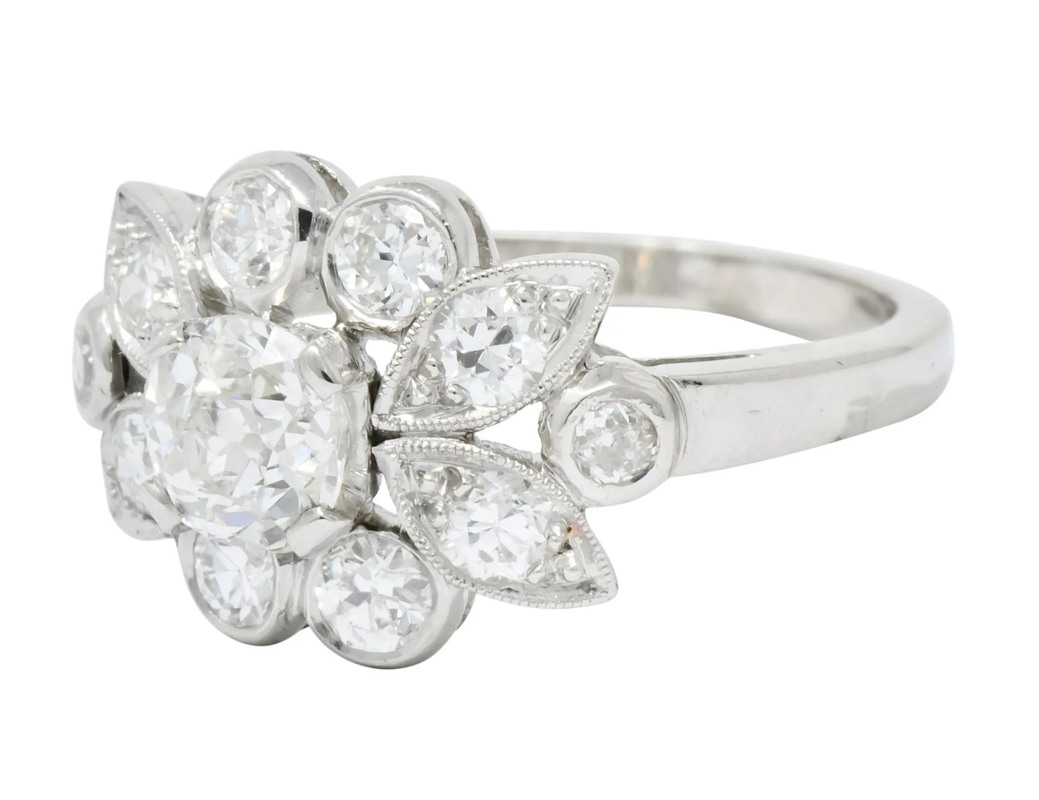 1940's Retro 1.42 CTW Diamond Platinum Foliate Cluster Engagement Ring