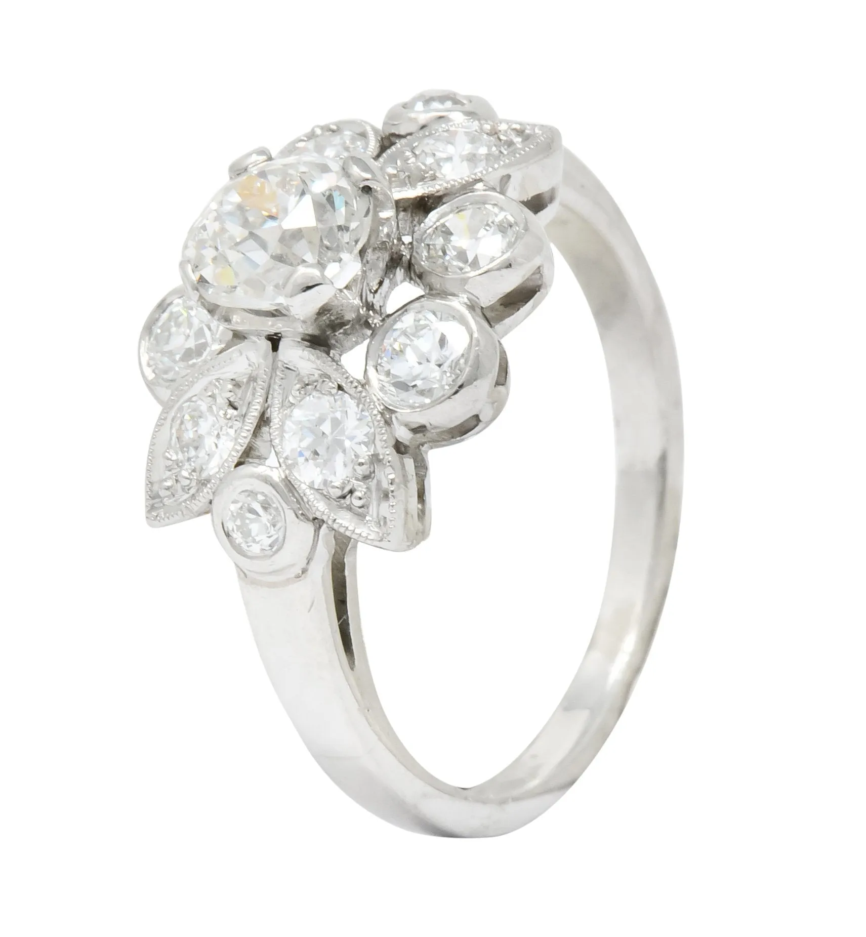 1940's Retro 1.42 CTW Diamond Platinum Foliate Cluster Engagement Ring