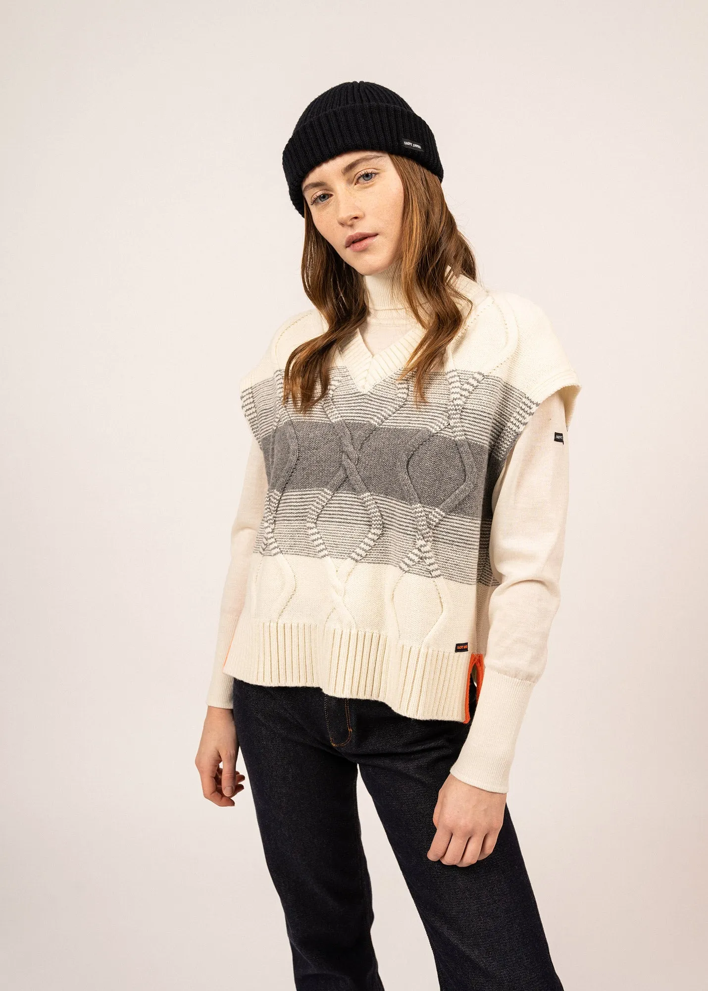 ARUDY - Sleevless Structured Knit Sweater | 100% Wool (IVORY / GREY / NEON ORANGE)