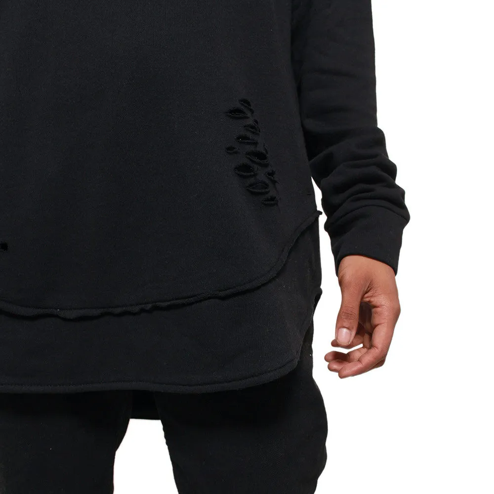 Black Curved Hem Men Distressed Scoop Hoodie