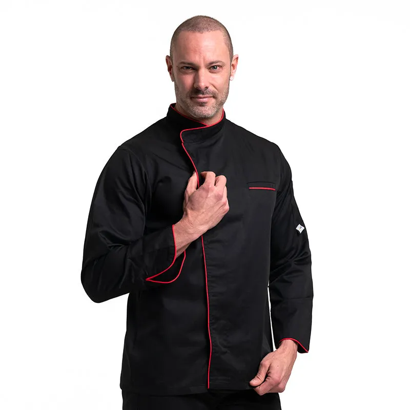 Black Long Sleeve Chef Coat with Long Red Piping - MANELLI