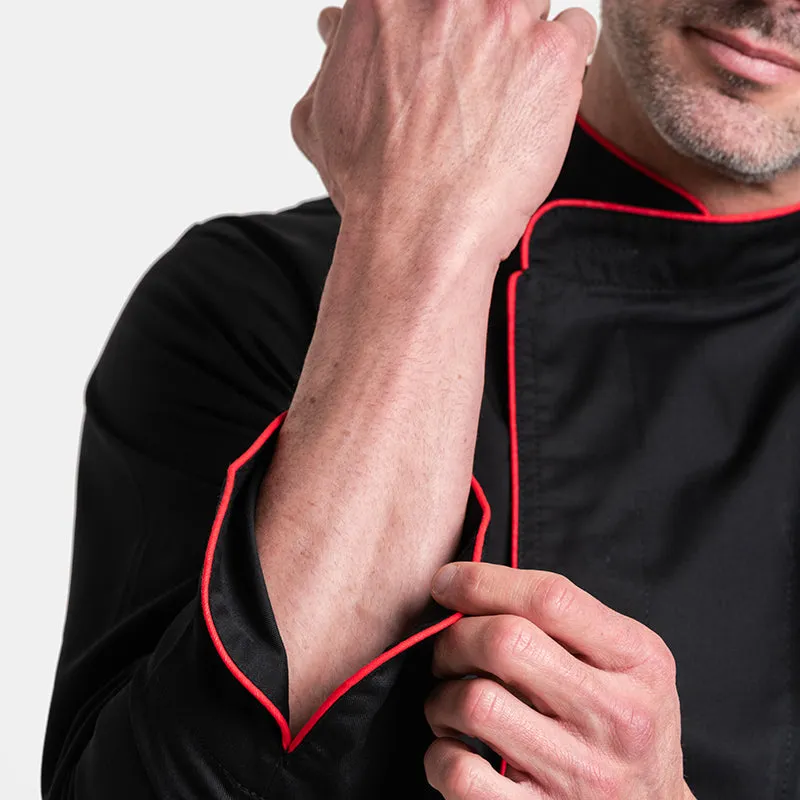 Black Long Sleeve Chef Coat with Long Red Piping - MANELLI