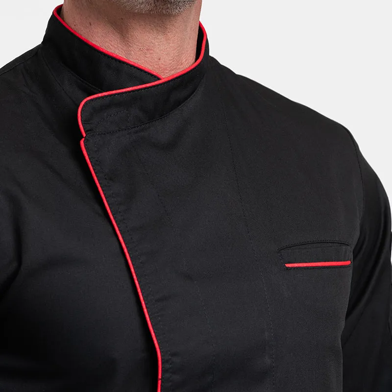 Black Long Sleeve Chef Coat with Long Red Piping - MANELLI