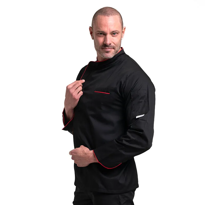 Black Long Sleeve Chef Coat with Long Red Piping - MANELLI