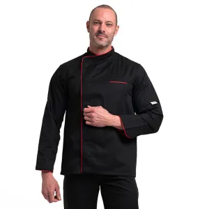 Black Long Sleeve Chef Coat with Long Red Piping - MANELLI