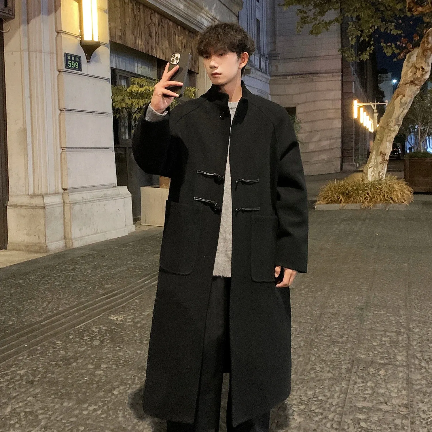 Bonsir Autumn Winter Men Horn Button Woolen Coat Mid Length Stand Collar Trench Coat Solid Color Big Pocket Overcoat Streetwear