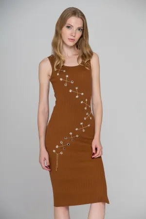 Brown Knit Ring Chain Bodycon Midi Dress