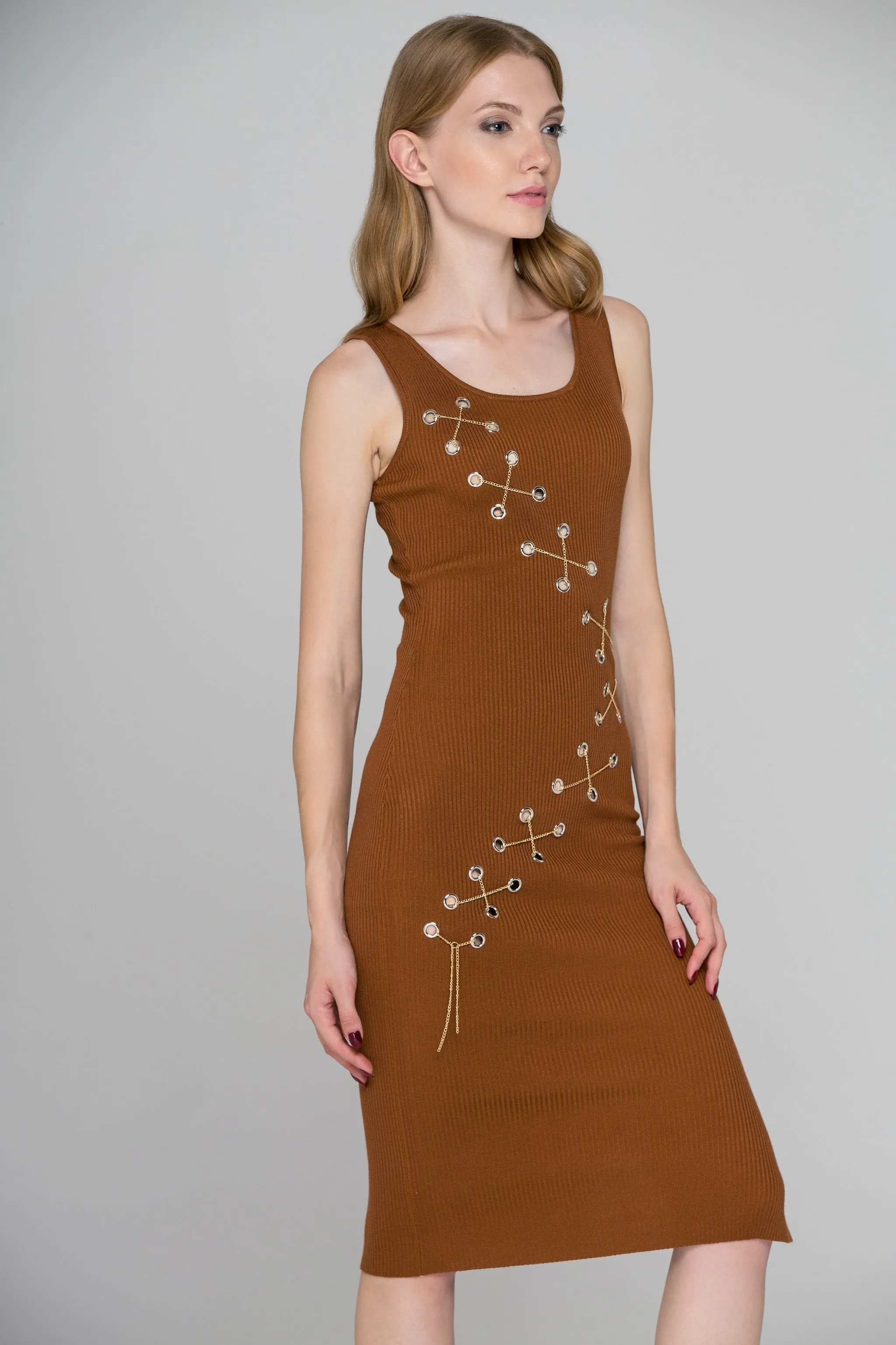 Brown Knit Ring Chain Bodycon Midi Dress