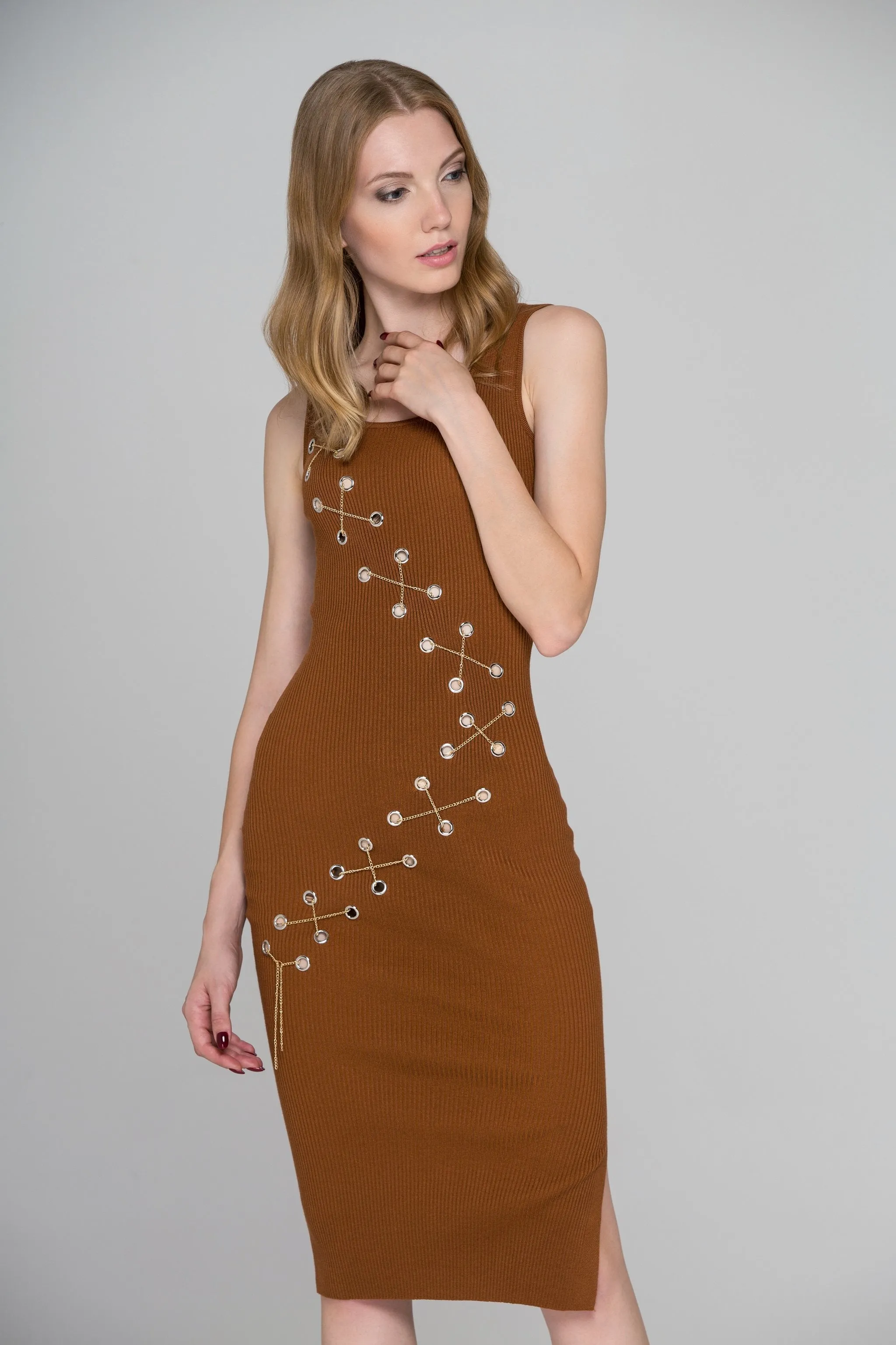 Brown Knit Ring Chain Bodycon Midi Dress