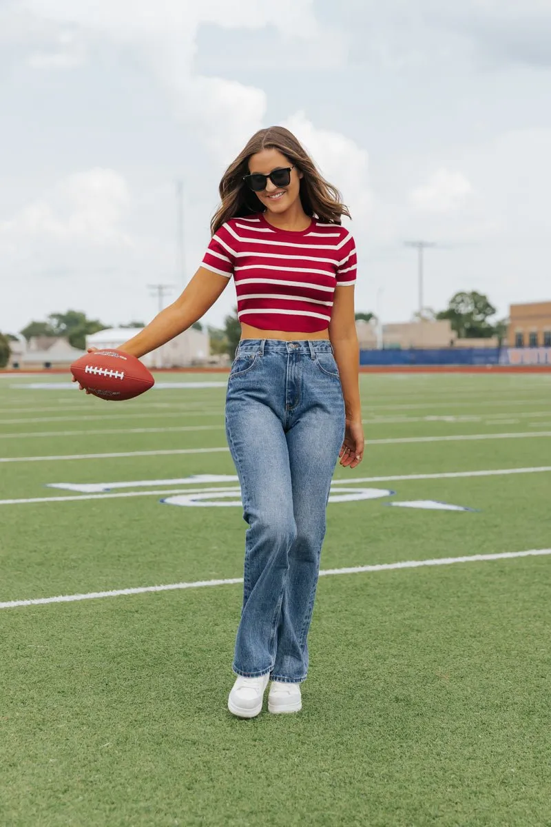 Burgundy and White Striped Cropped Sweater