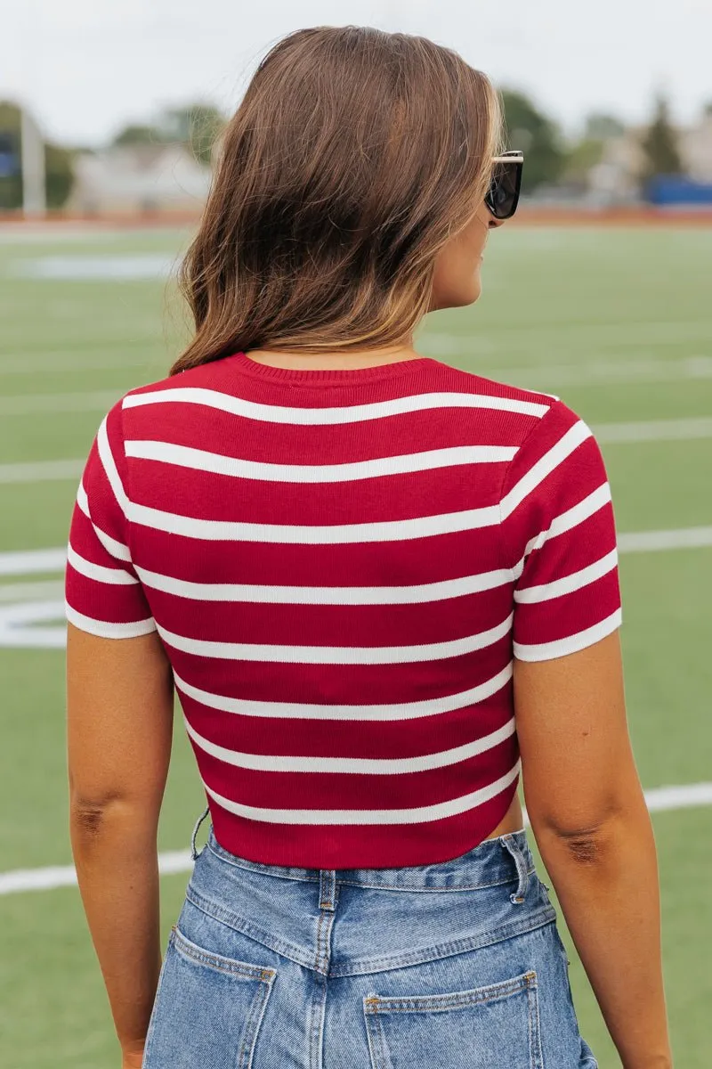 Burgundy and White Striped Cropped Sweater