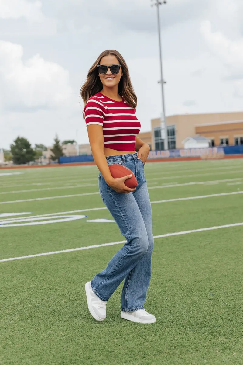 Burgundy and White Striped Cropped Sweater