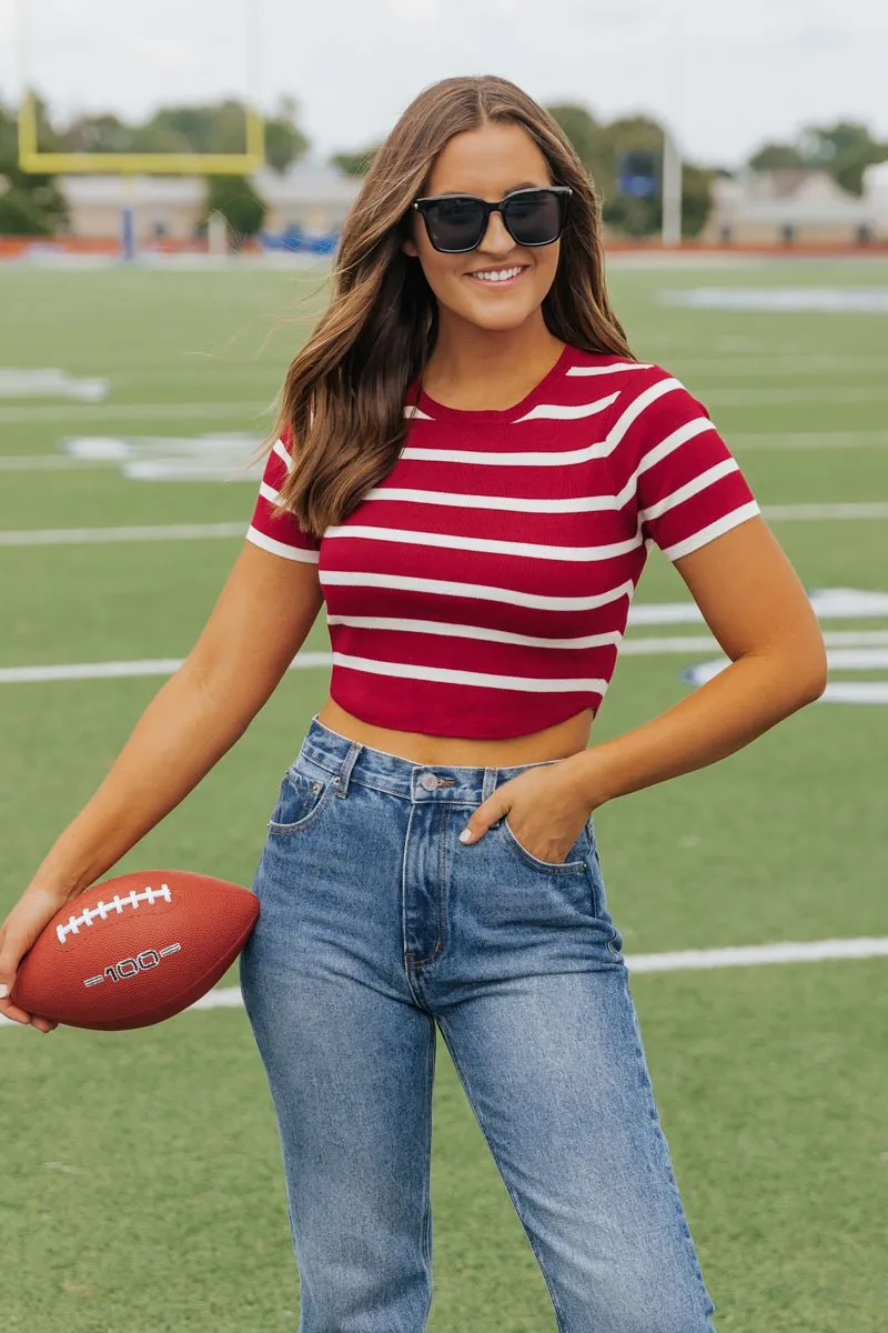 Burgundy and White Striped Cropped Sweater