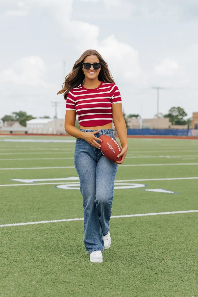 Burgundy and White Striped Cropped Sweater