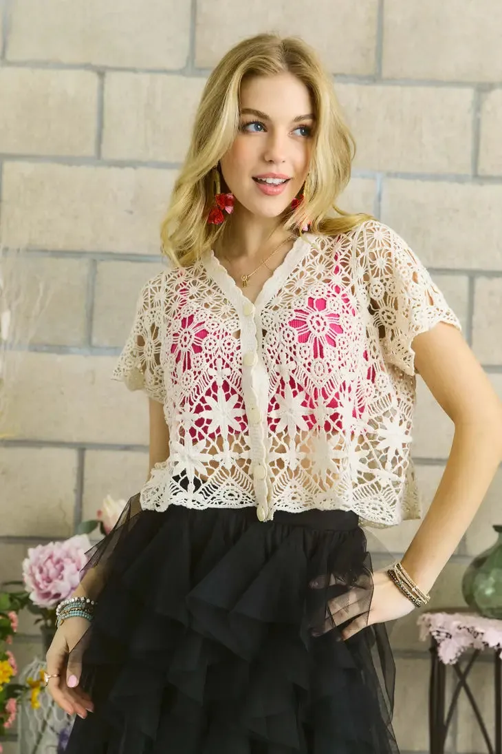 Crochet Floral Button-Up Crop