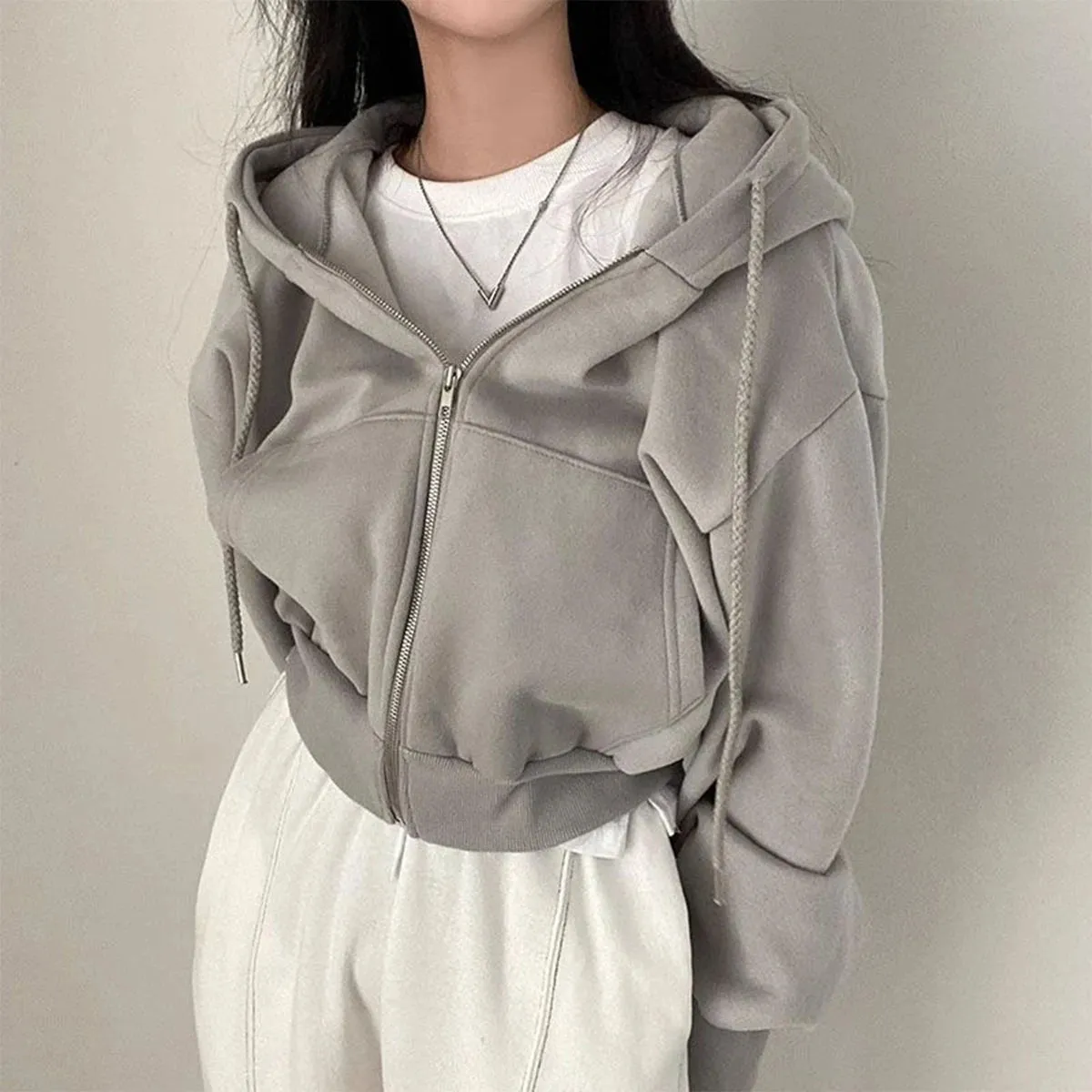 Fashionkova Women Casual Hoodies Autumn Retro Solid Color Zip Up Oversized Sweatshirts Harajuku Long Sleeve Hooded Loose Short Jackets Coat