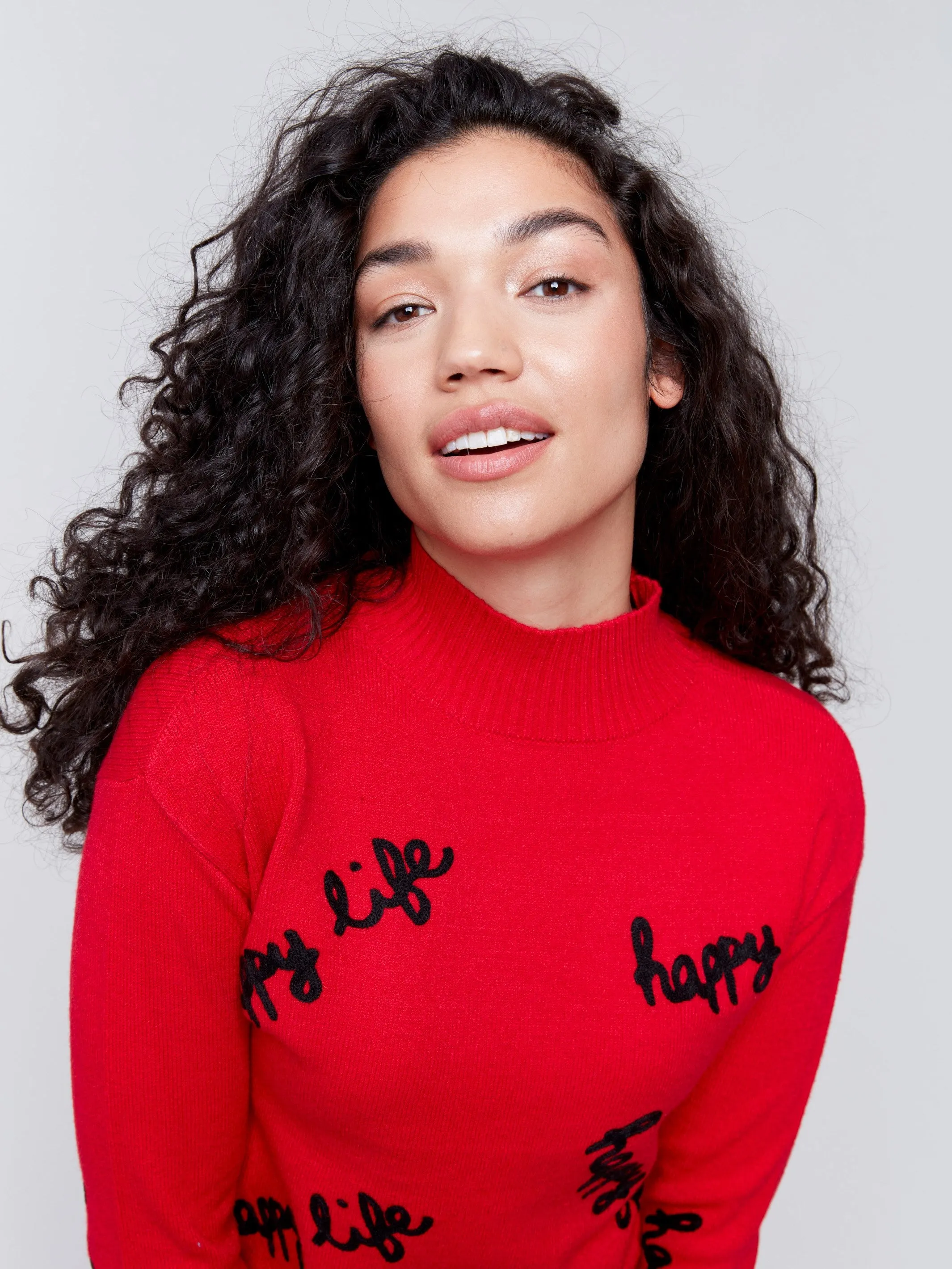 Happy Life Mock Neck Sweater - Cranberry