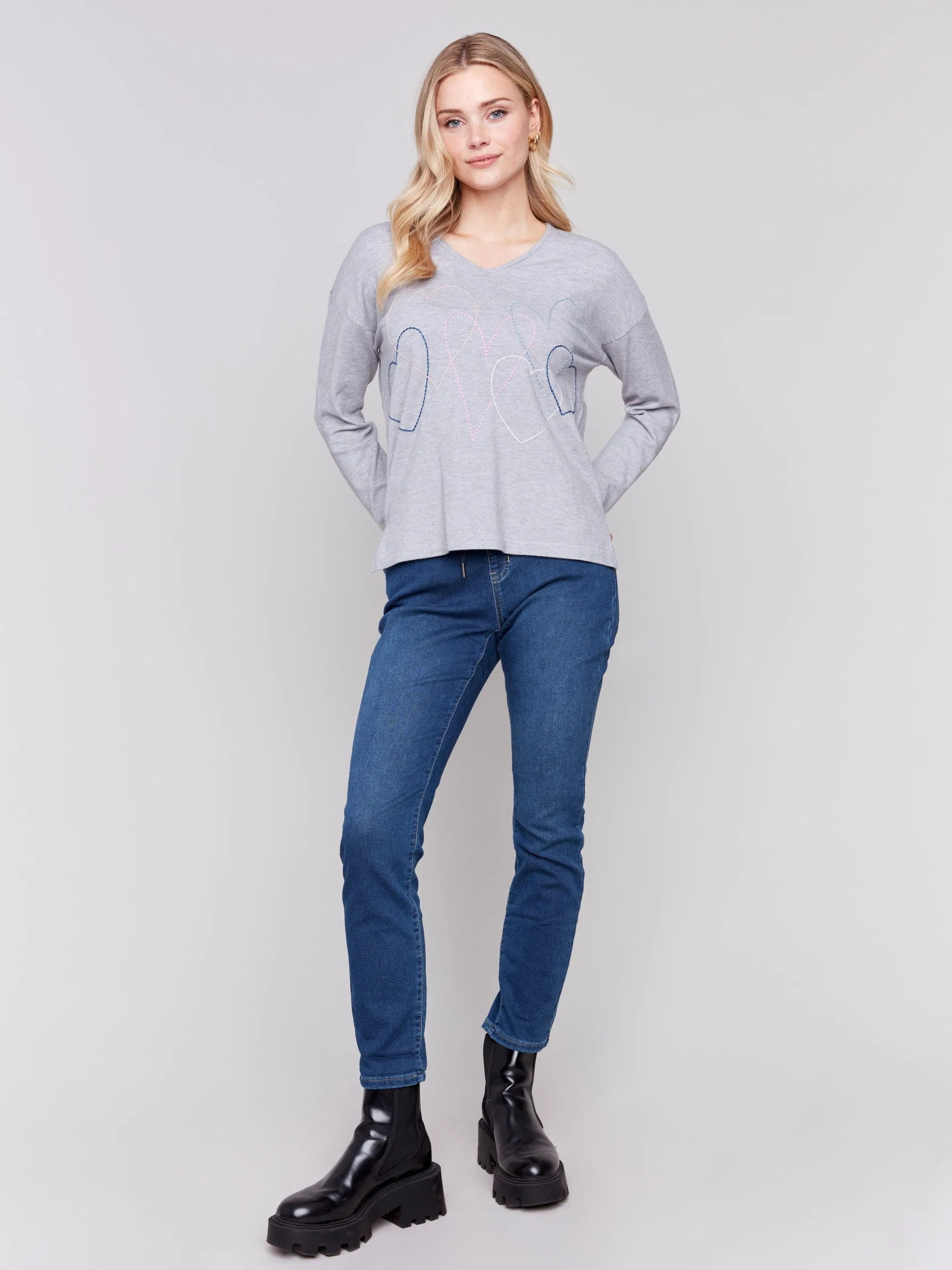 Heart Stitch V-Neck Sweater - Grey