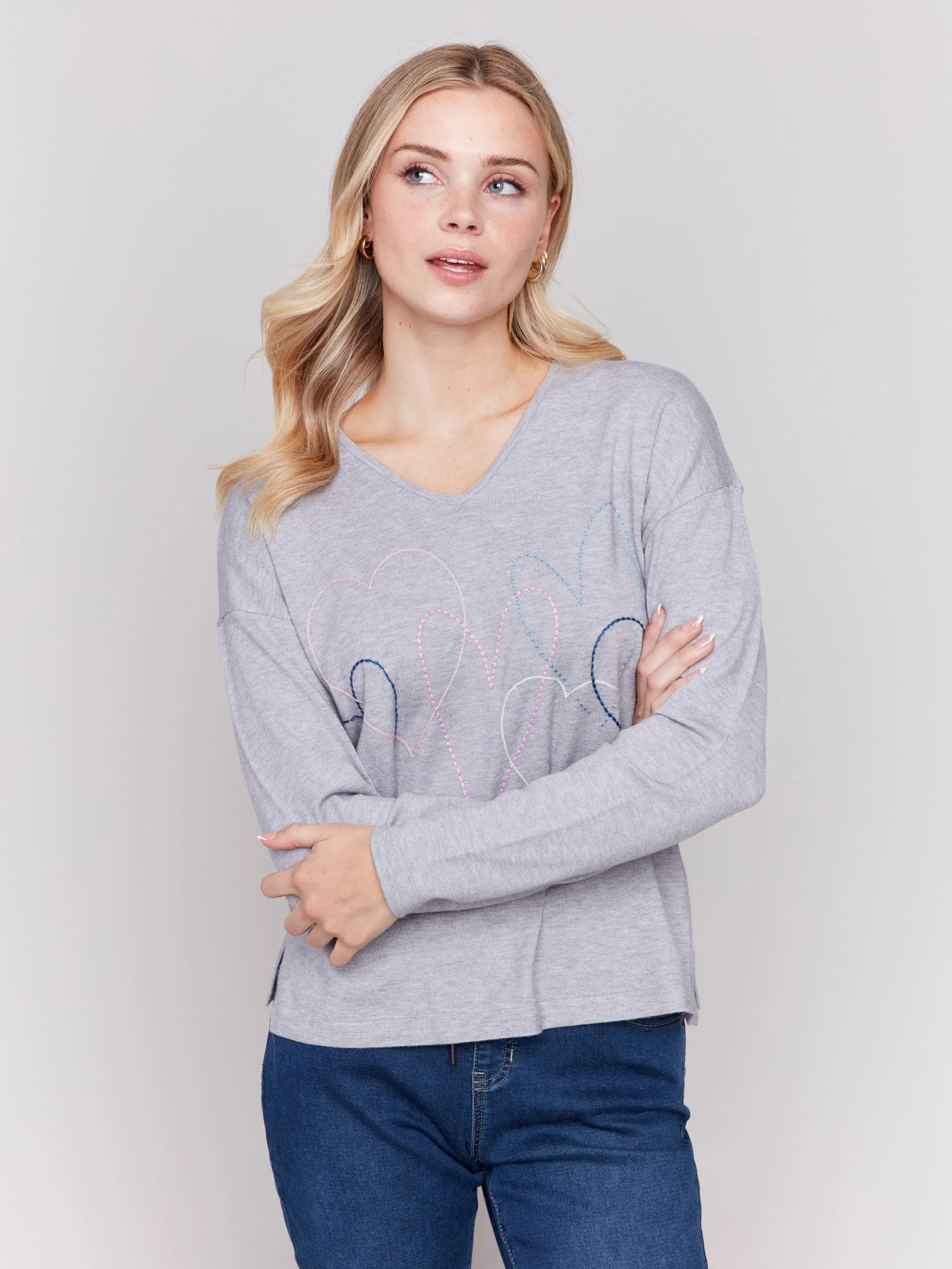 Heart Stitch V-Neck Sweater - Grey