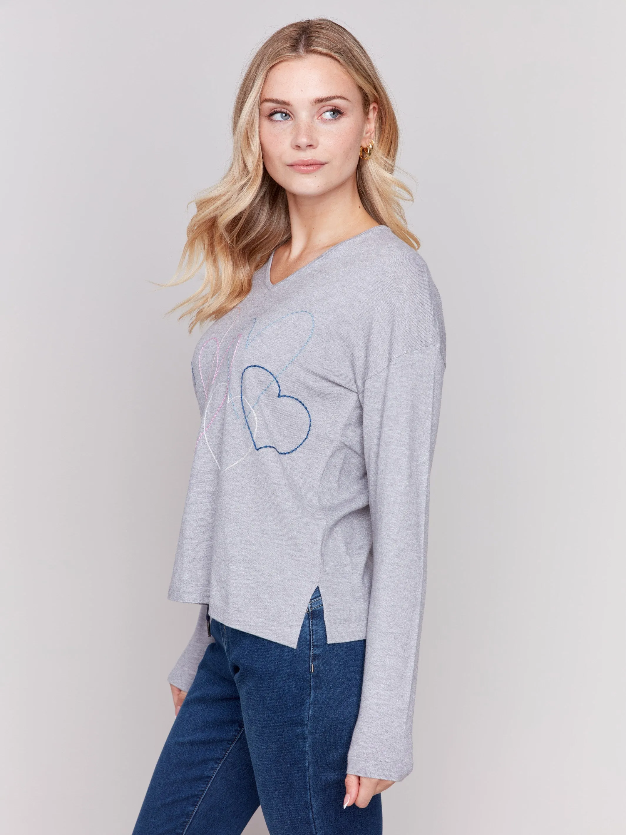 Heart Stitch V-Neck Sweater - Grey