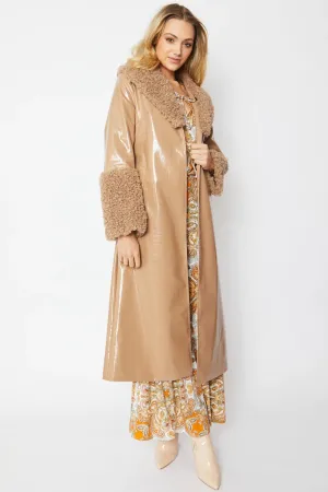 Mocha Faux Leather Trench Coat with Detachable Faux Mongolian Collar and Cuffs