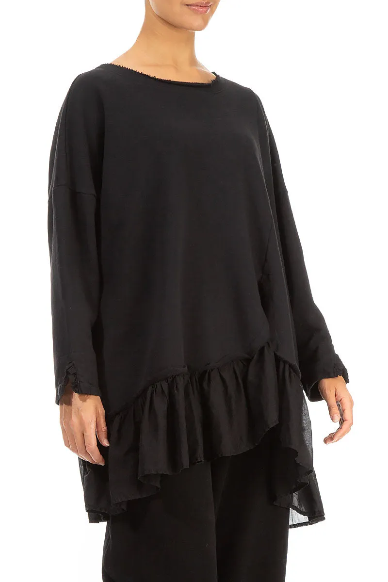 Ruffled Hem Black Cotton Tunic