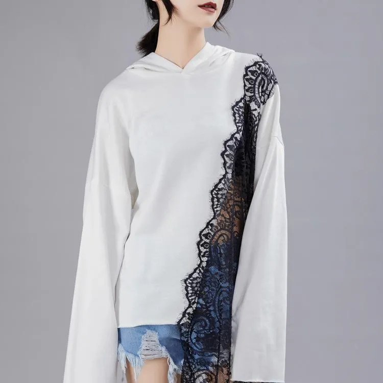 Women Asymmetric Black Lace Fall Hoodies