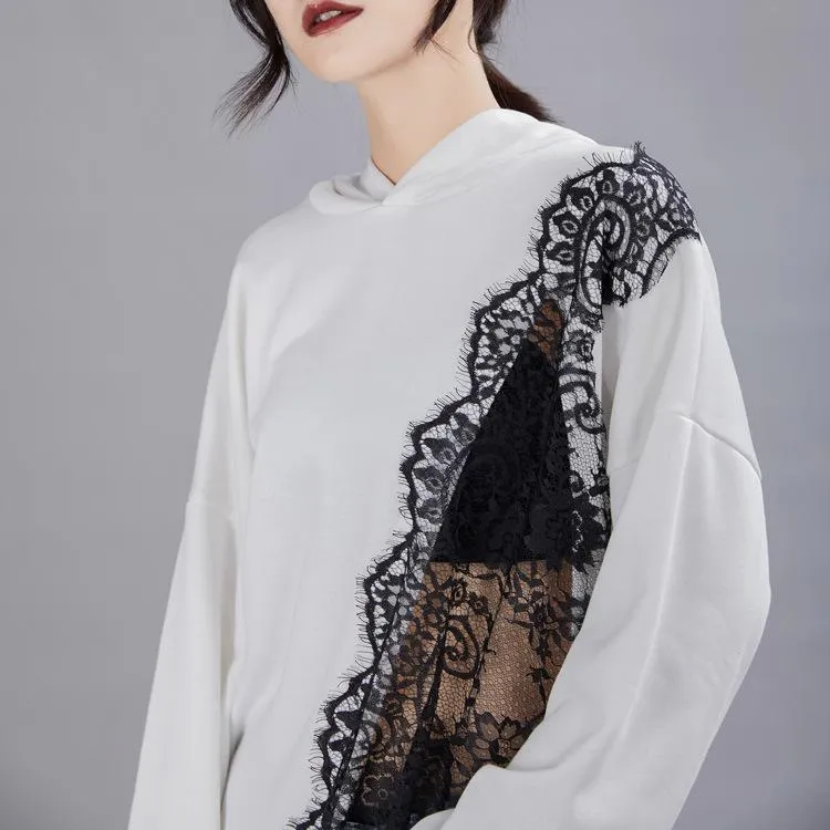 Women Asymmetric Black Lace Fall Hoodies